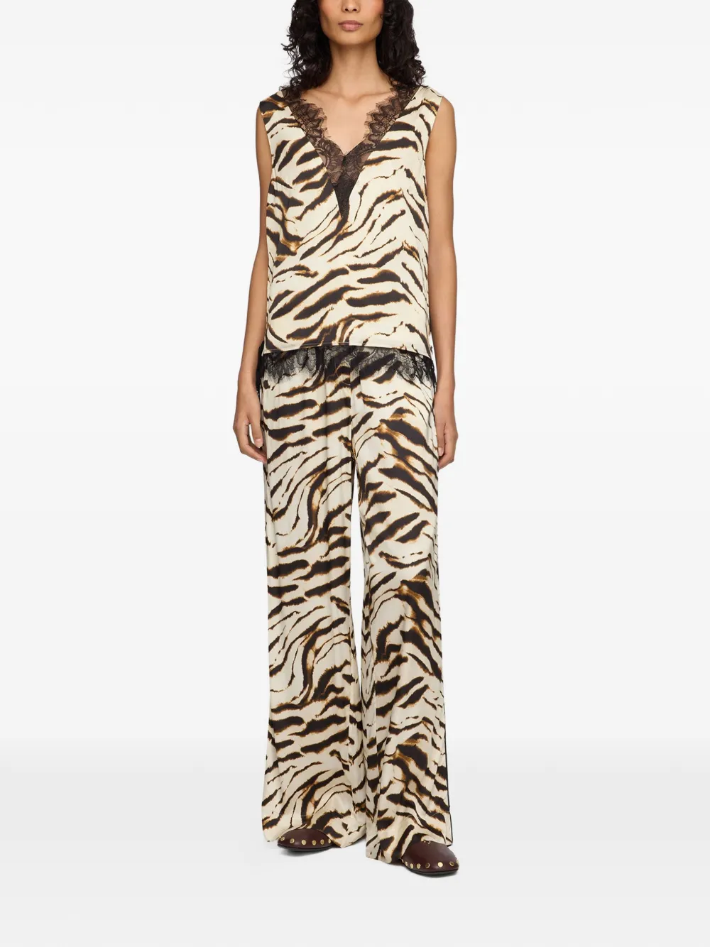 GANNI Top met kanten afwerking en dierenprint Beige