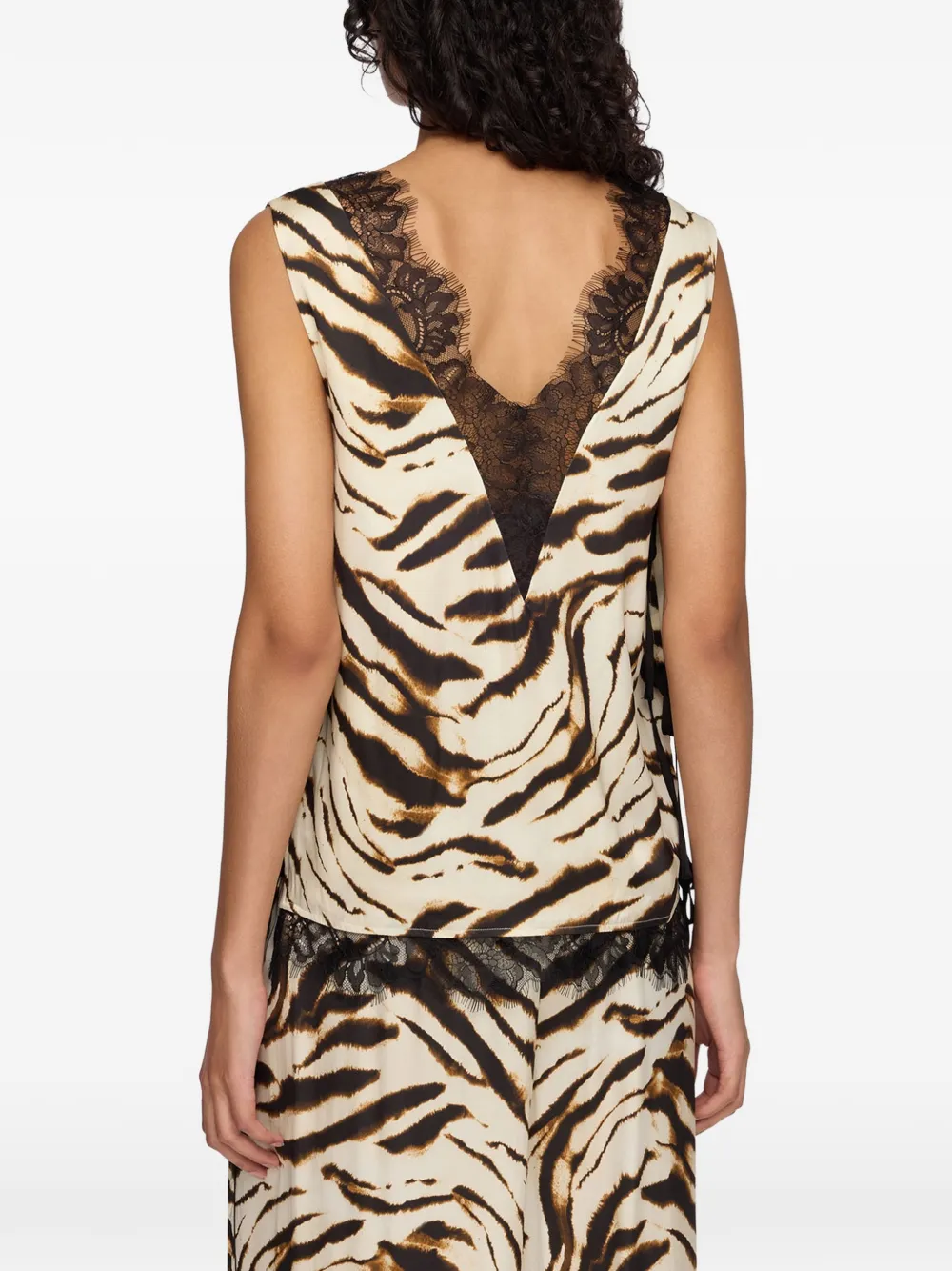 GANNI Top met kanten afwerking en dierenprint Beige