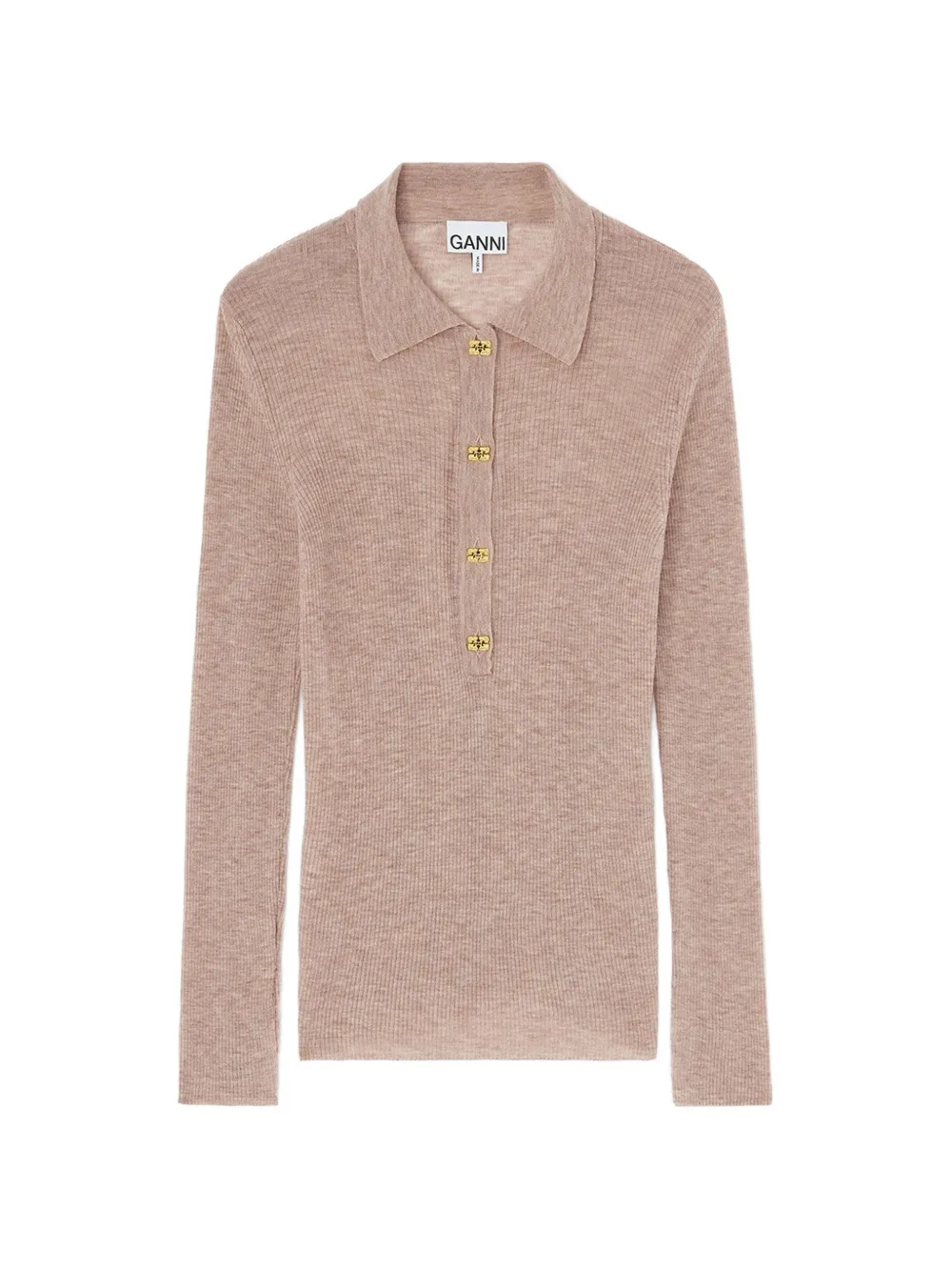 GANNI ribbed-knit long-sleeved polo top - Nude