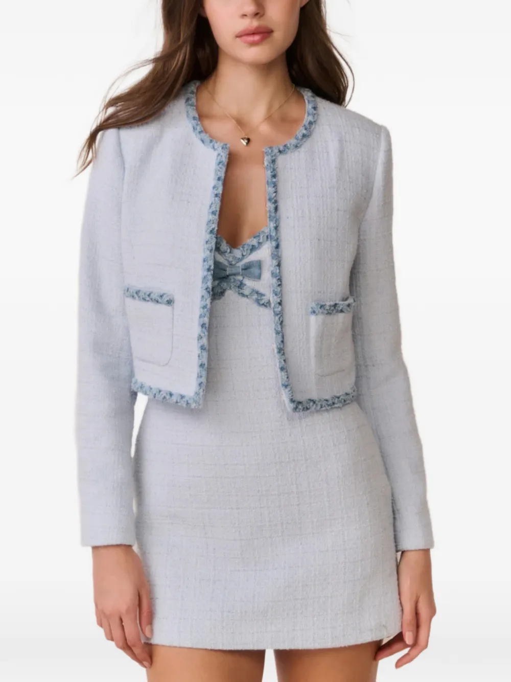 LoveShackFancy Azula bouclé denim-trim jacket - Blue