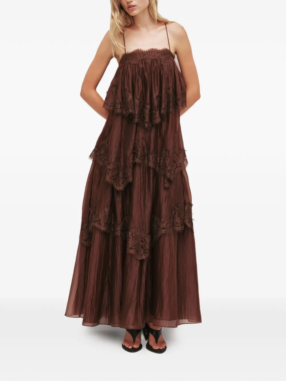 Aje Ophelia lace-trimmed tiered maxi dress - Marrone