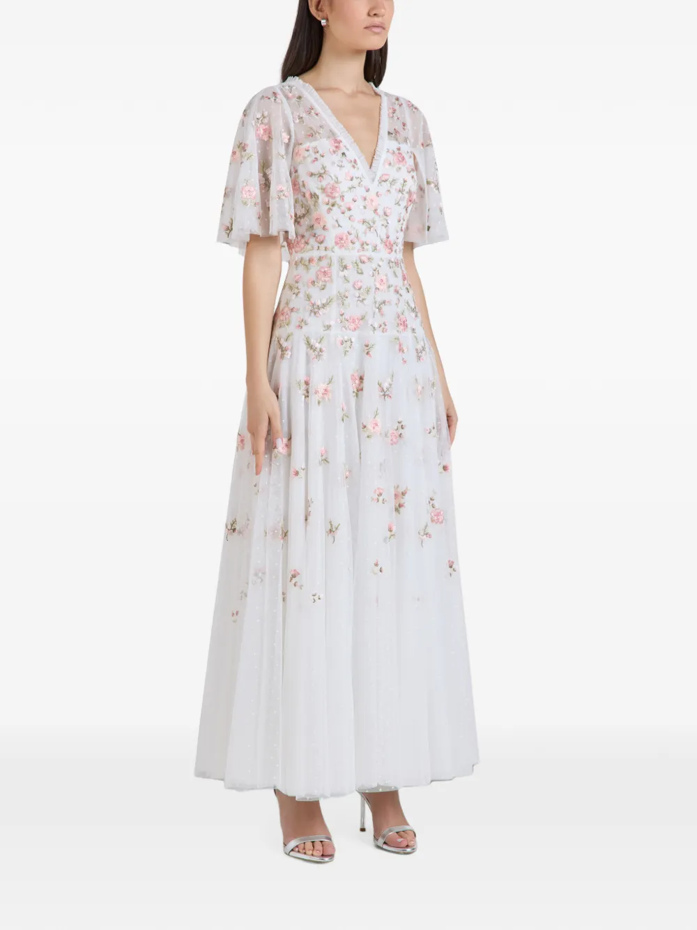 Needle & Thread Mayflower Ditsy Floral-embroidered Maxi Dress In White