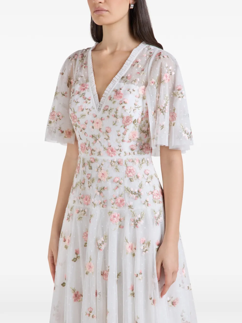 Needle & Thread Mayflower Ditsy floral-embroidered maxi dress Wit