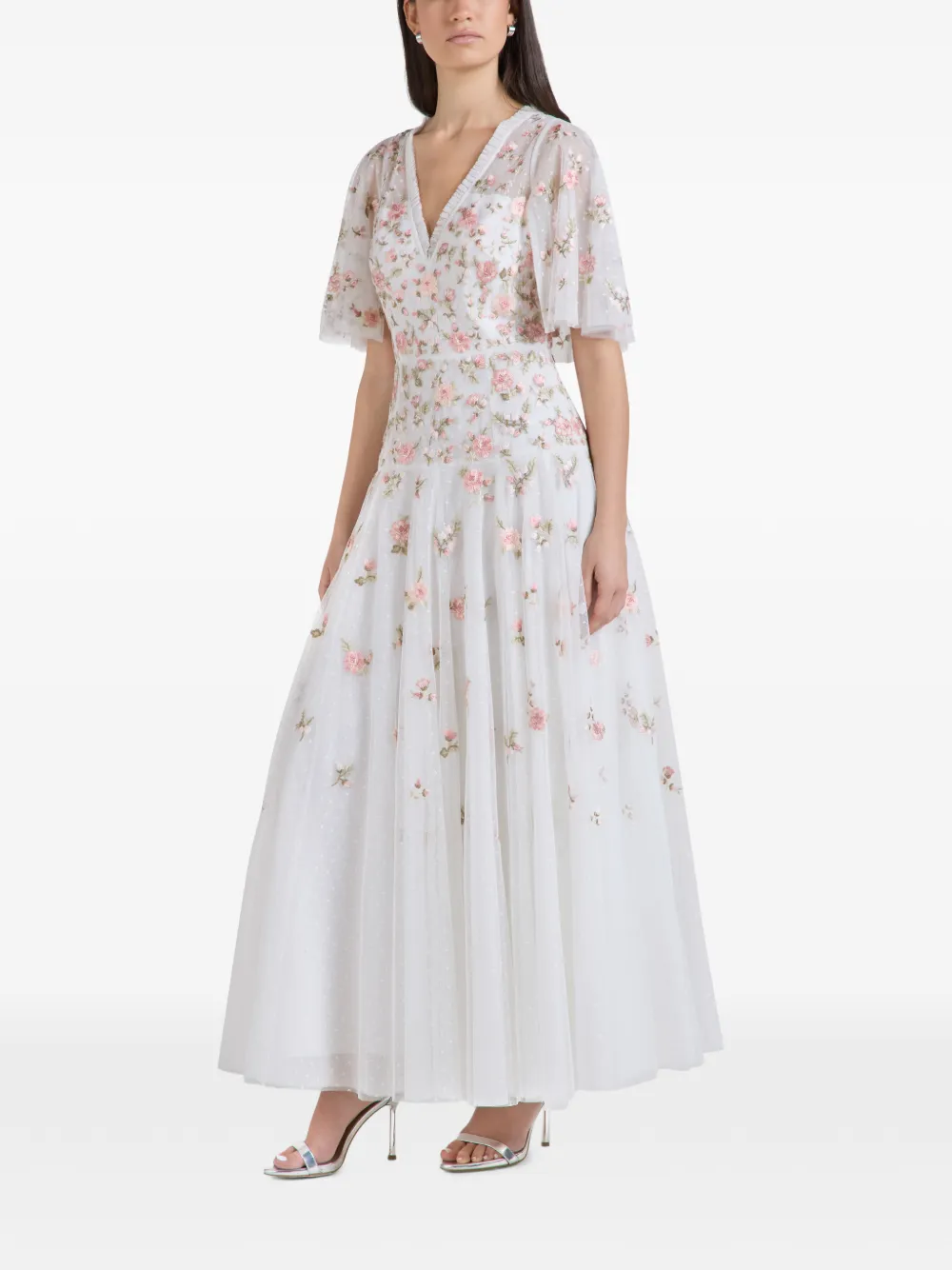 Needle & Thread Mayflower Ditsy floral-embroidered maxi dress Wit