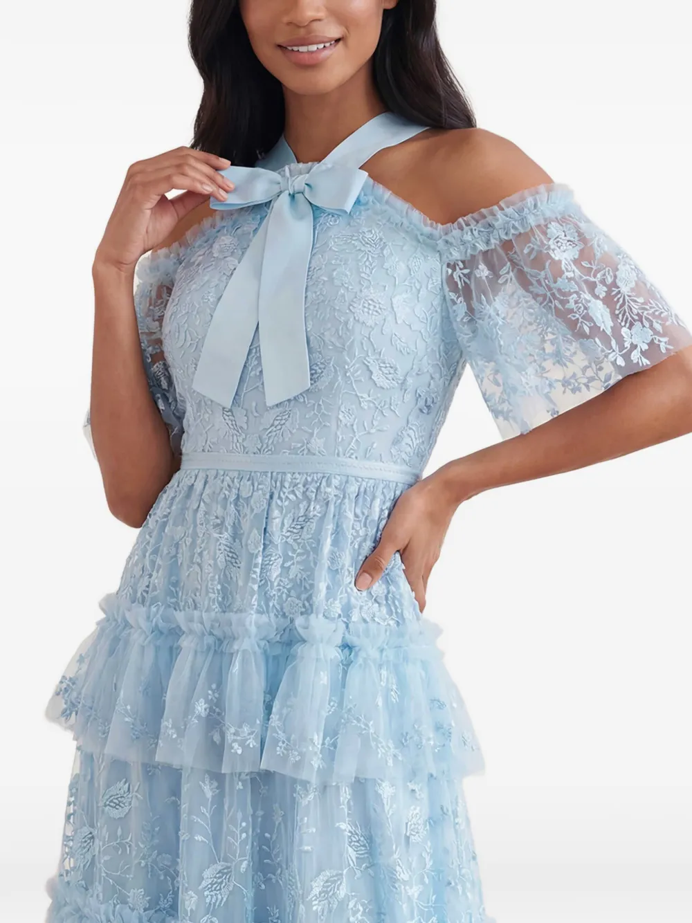 Needle & Thread Primrose maxi-avondjurk met geborduurde bloemen en ruches Blauw