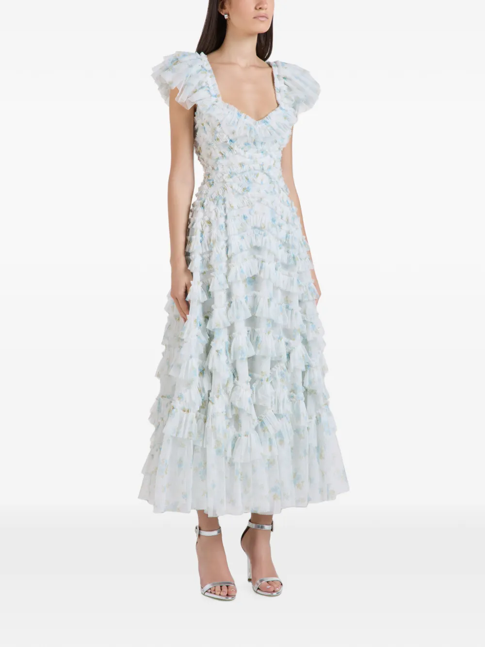 Needle & Thread Magnolia maxi-jurk met bloemenprint en ruches Wit