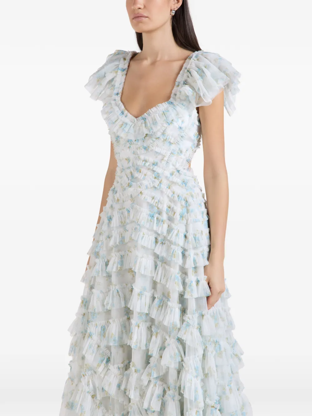 Needle & Thread Magnolia maxi-jurk met bloemenprint en ruches Wit