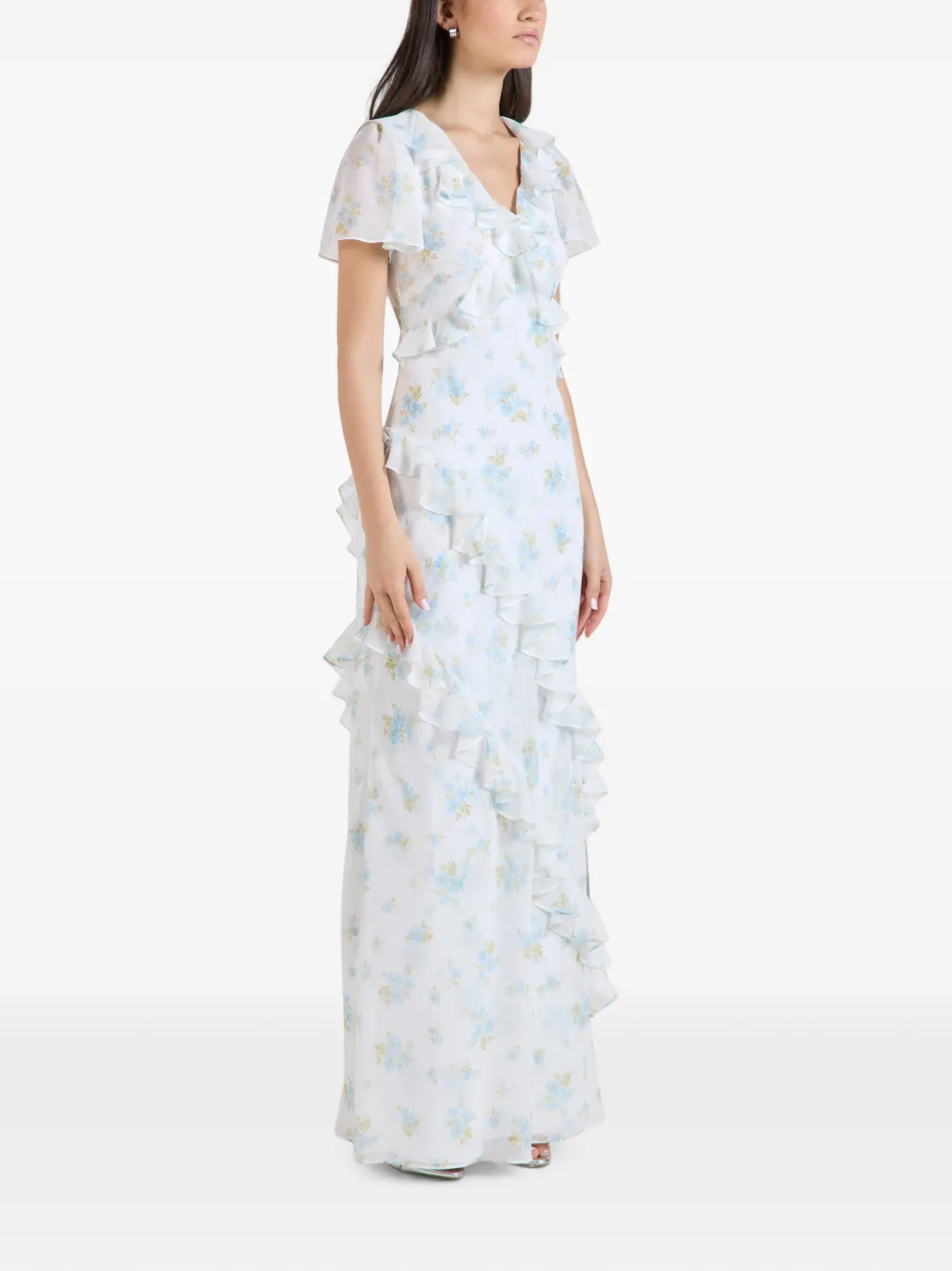 Needle & Thread magnolia-print ruffled maxi dress Wit