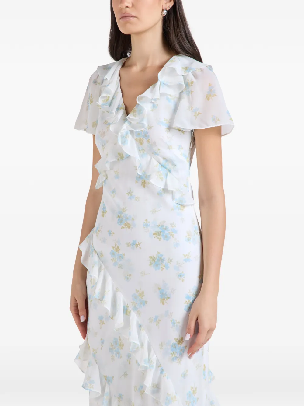 Needle & Thread magnolia-print ruffled maxi dress Wit