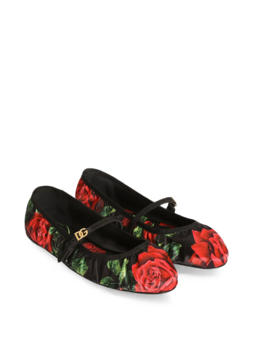 Dolce & Gabbana rose-print satin ballet flats Zwart
