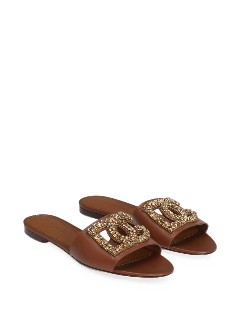 Dolce & Gabbana Platte kalfsleren slippers met borduurwerk Bruin