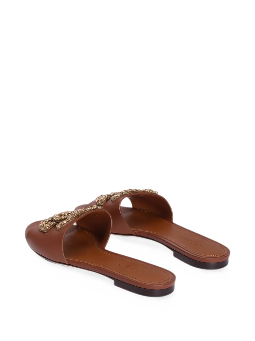 Dolce & Gabbana Platte kalfsleren slippers met borduurwerk Bruin