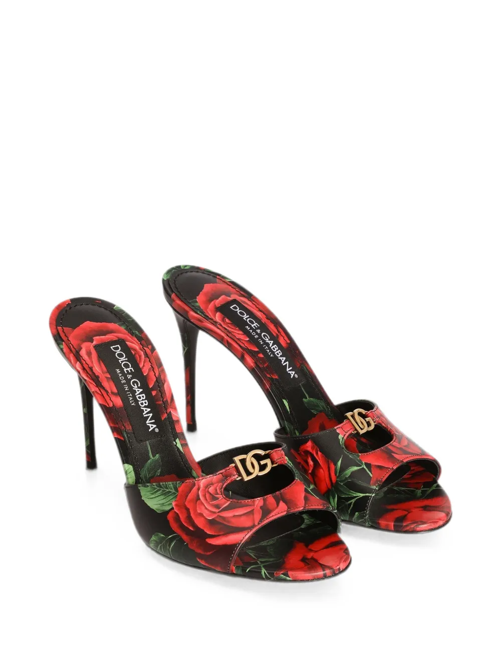 Dolce & Gabbana Kalfsleren muiltjes met roos-print Zwart