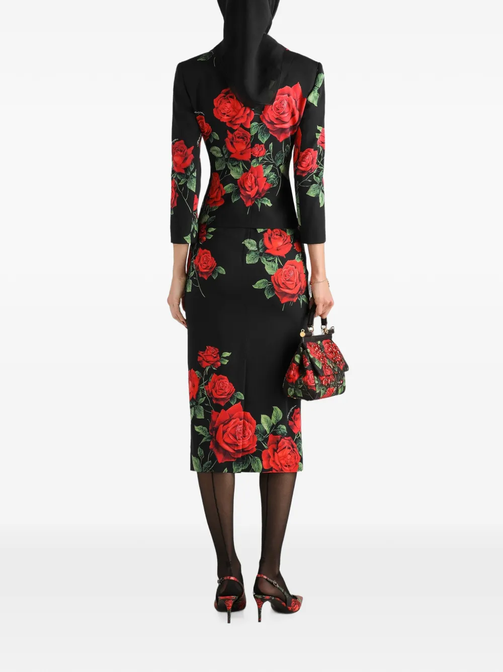Dolce & Gabbana Charmeuse jack met enkele rij knopen en roosprint Zwart