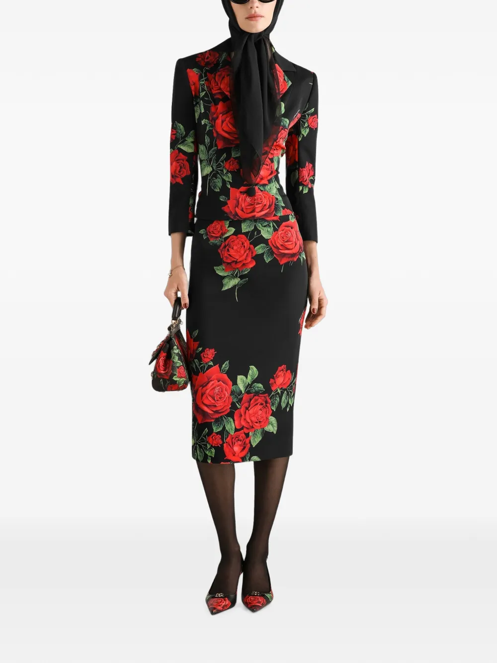Dolce & Gabbana Charmeuse jack met enkele rij knopen en roosprint Zwart