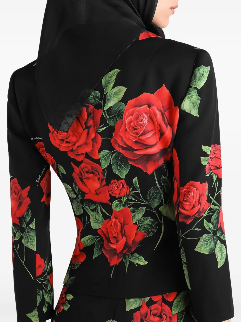 Dolce & Gabbana Charmeuse jack met enkele rij knopen en roosprint Zwart