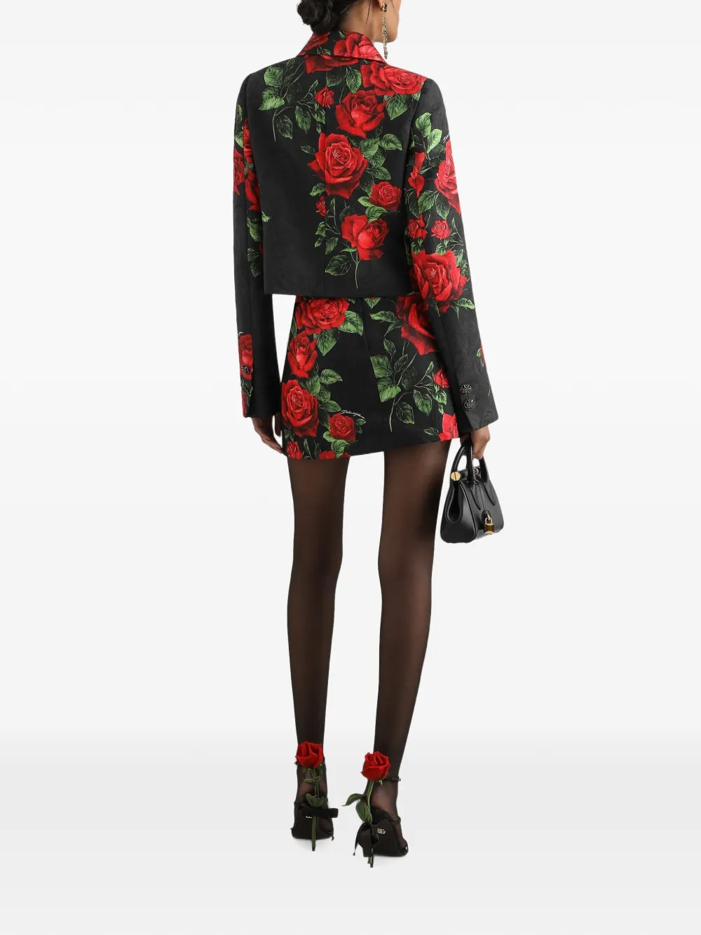 Dolce & Gabbana Brokaat jack met verfraaide knopen en roos-print Zwart