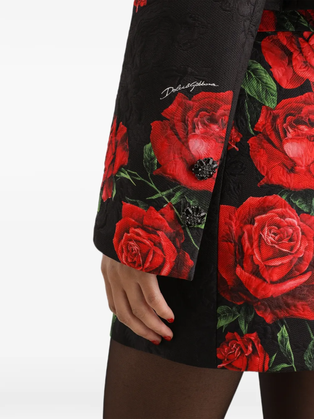 Dolce & Gabbana Brokaat jack met verfraaide knopen en roos-print Zwart