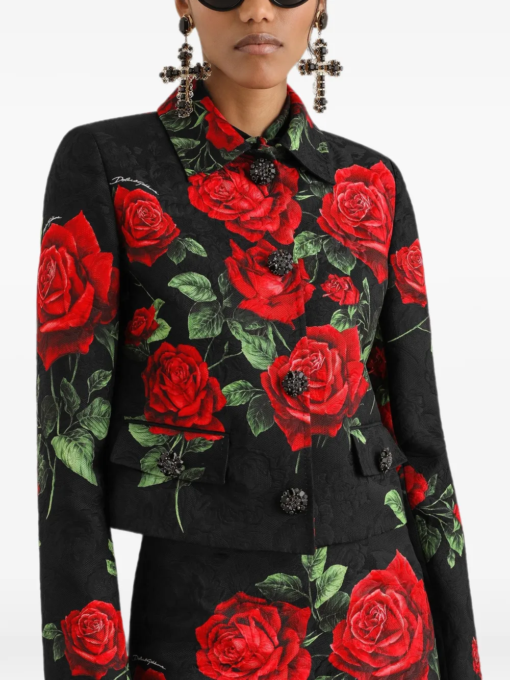 Dolce & Gabbana Brokaat jack met verfraaide knopen en roos-print Zwart