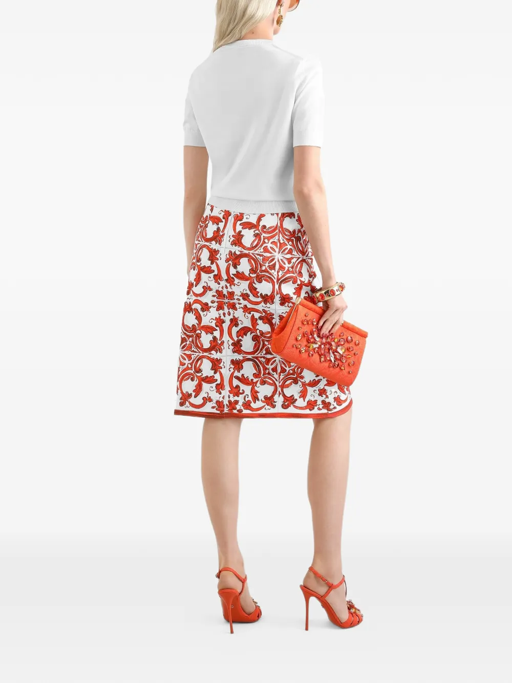 Dolce & Gabbana Brokaat rok met sierknopen en Majolica-print Wit