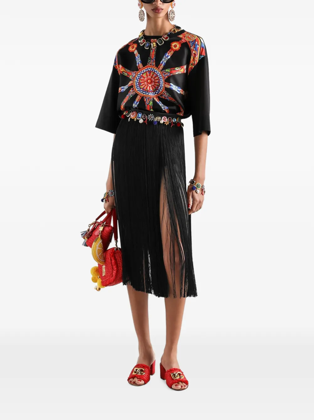  Dolce & Gabbana Gonna Lunga In Raso Con Frange - Nero 