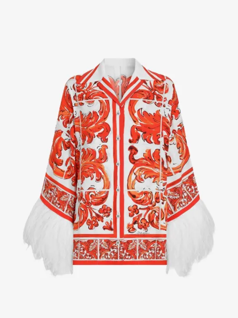 Dolce & Gabbana majolica-print charmeuse shirt with feather trim