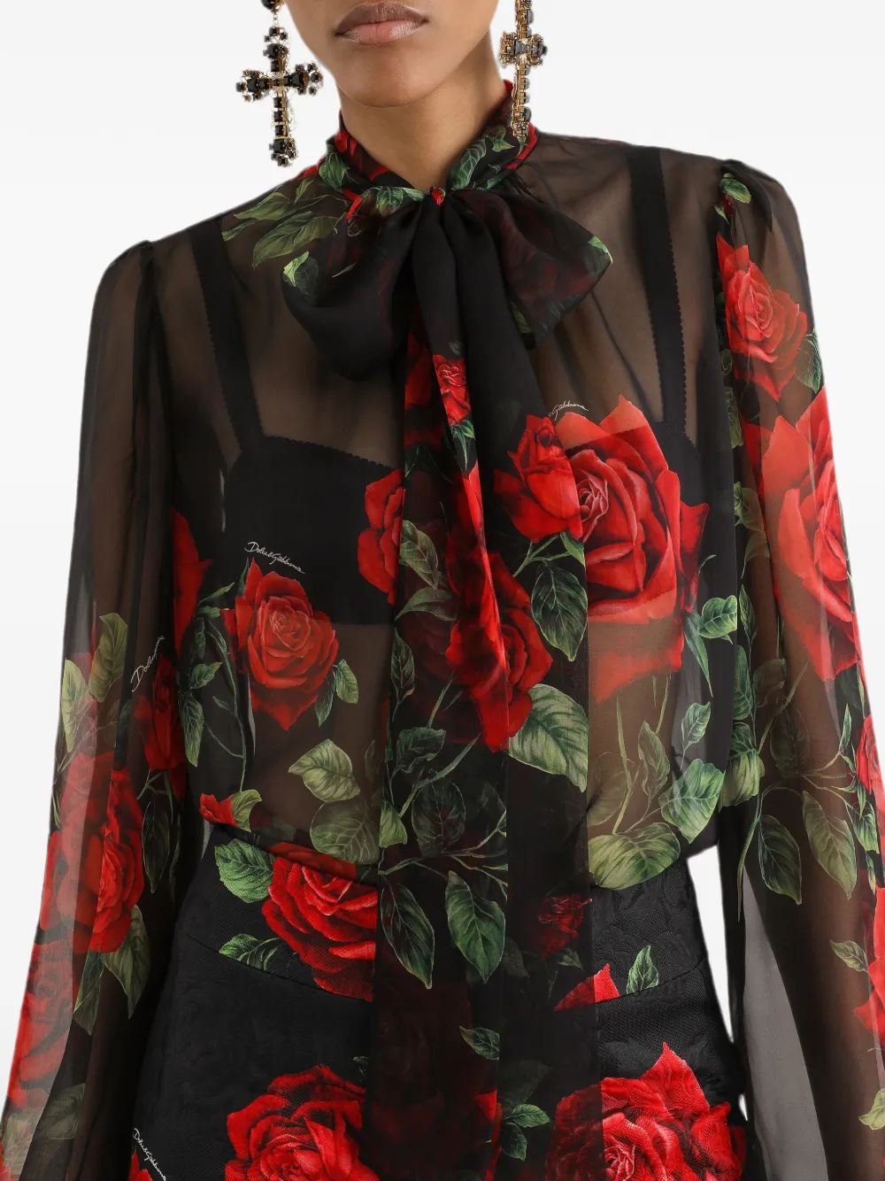 Dolce & Gabbana Chiffon blouse met roosprint Zwart