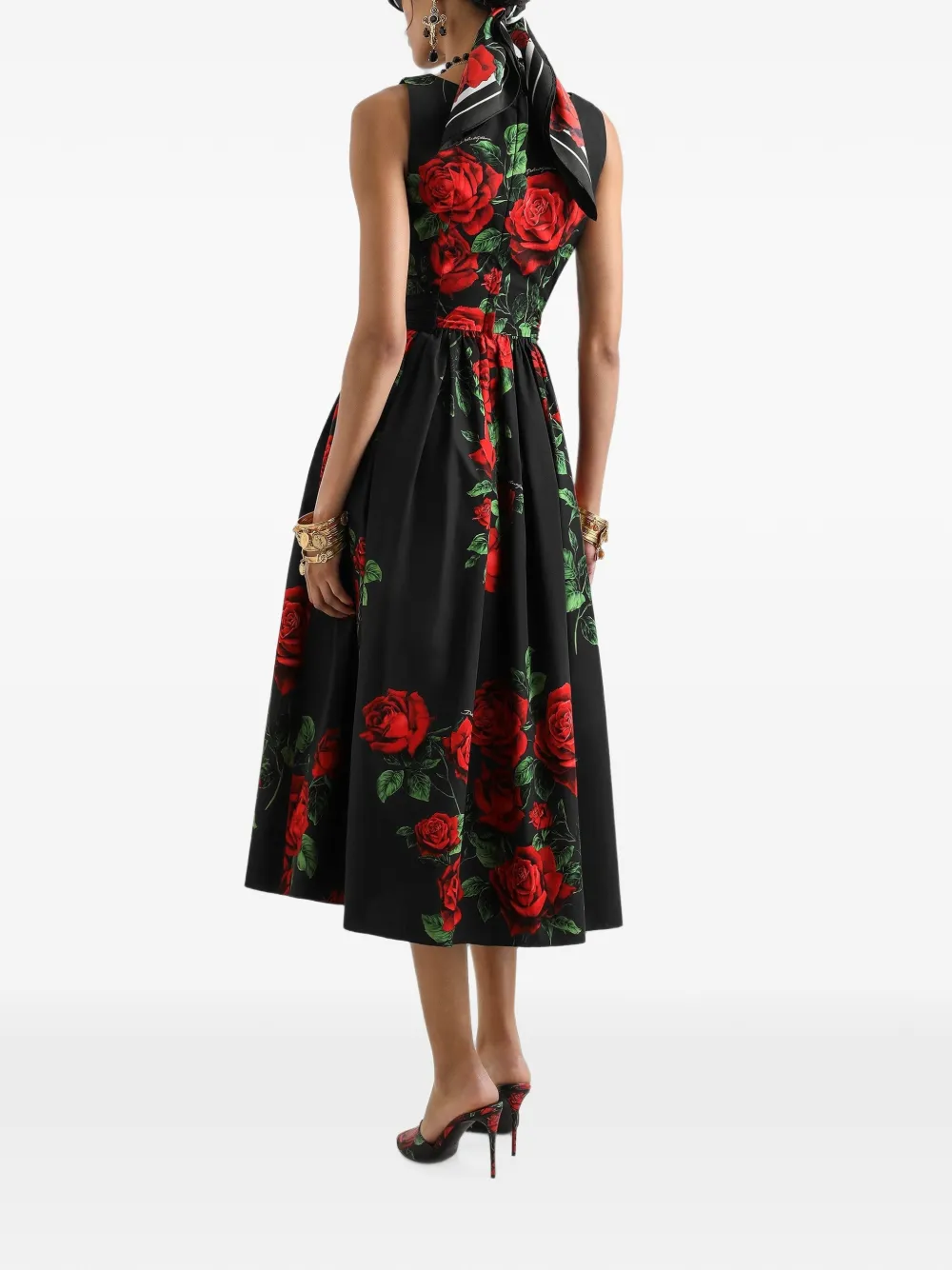 Dolce & Gabbana Popeline midi-jurk met roosprint Zwart