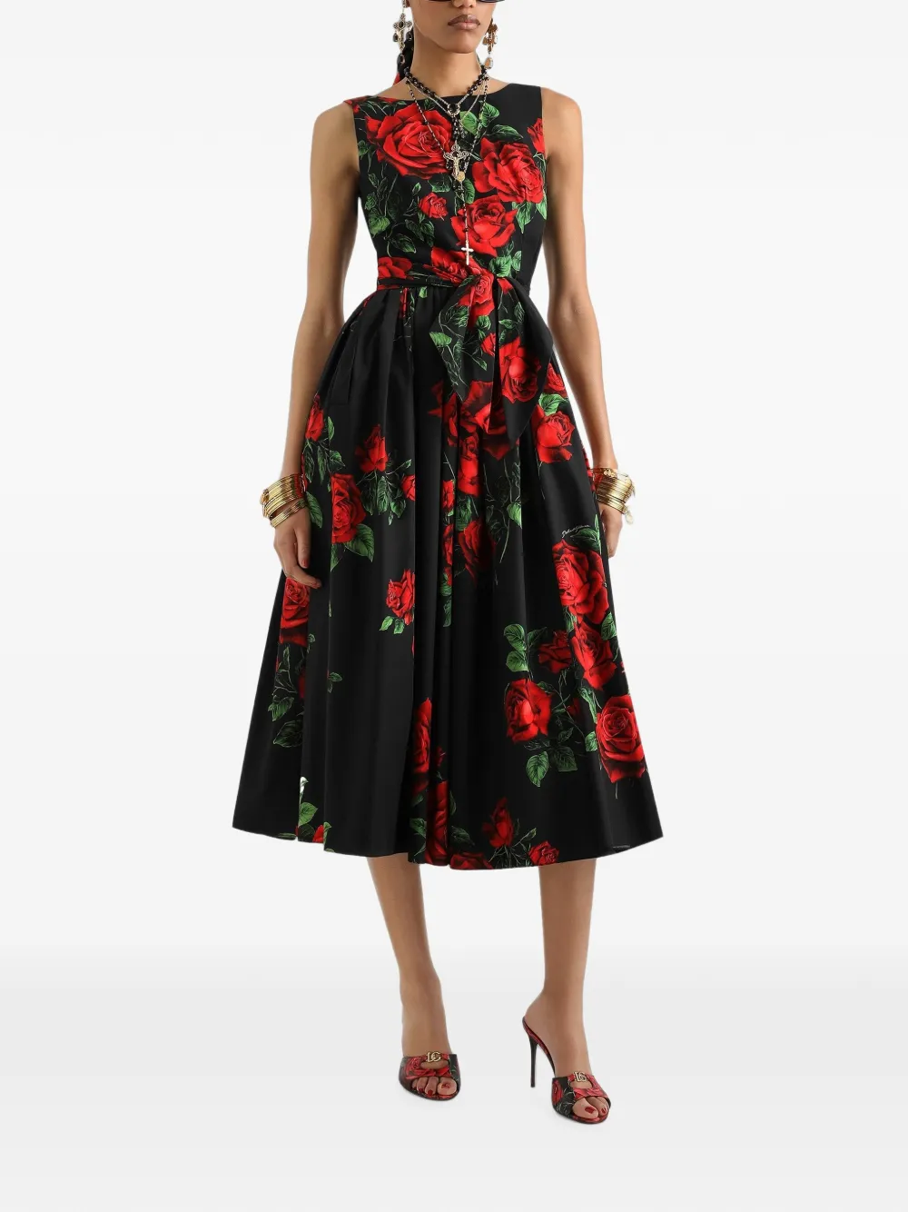 Dolce & Gabbana Popeline midi-jurk met roosprint Zwart