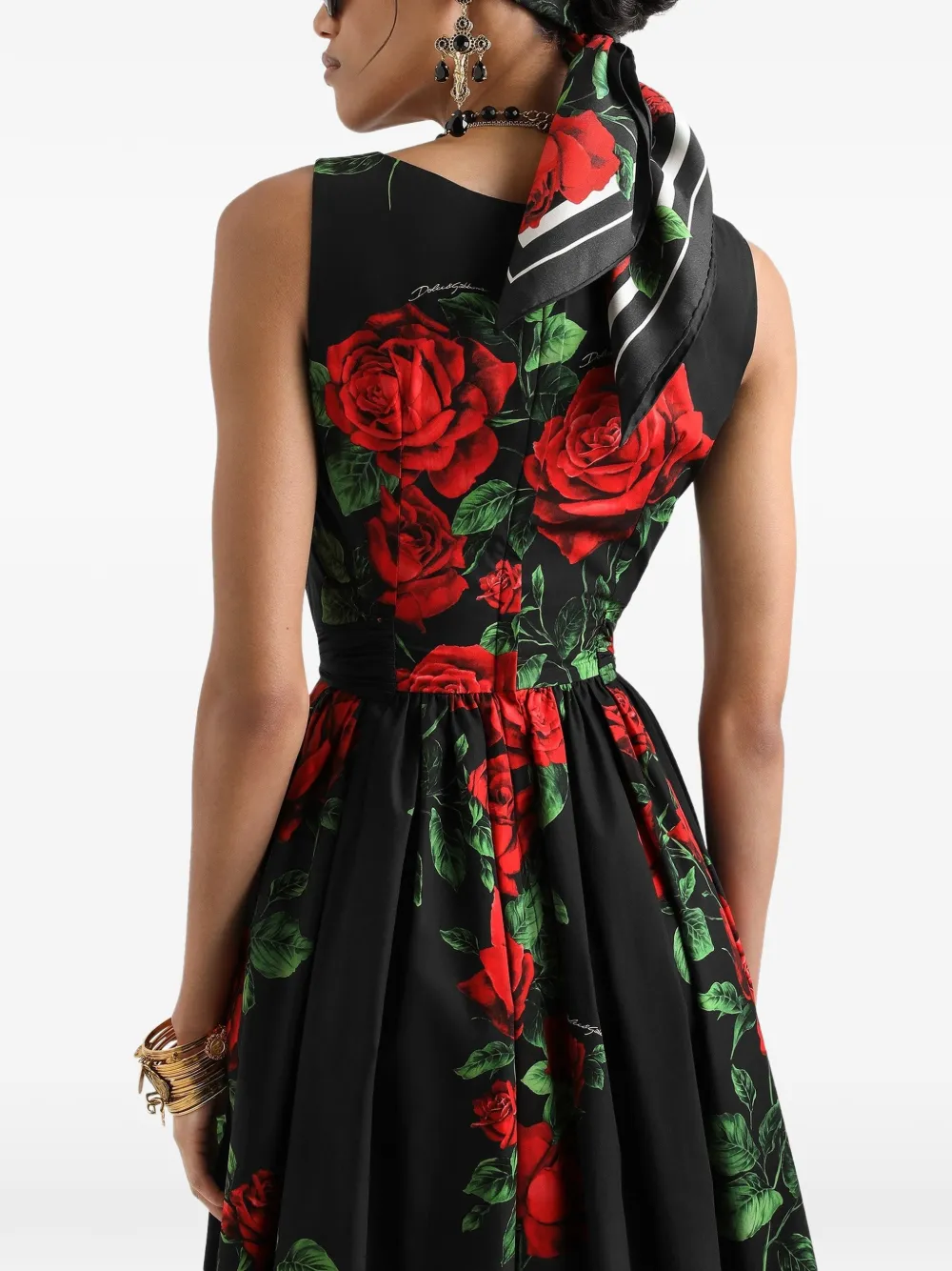 Dolce & Gabbana Popeline midi-jurk met roosprint Zwart