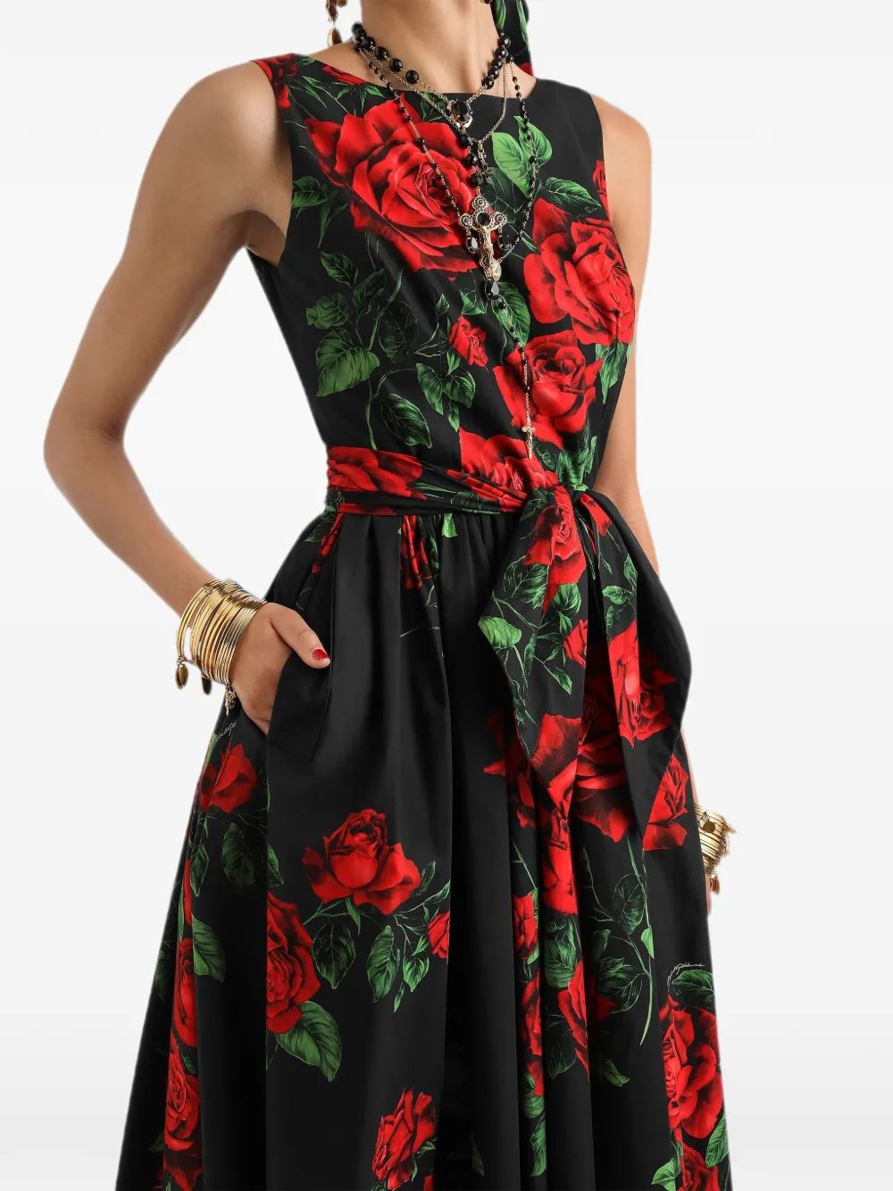 Dolce & Gabbana Popeline midi-jurk met roosprint Zwart
