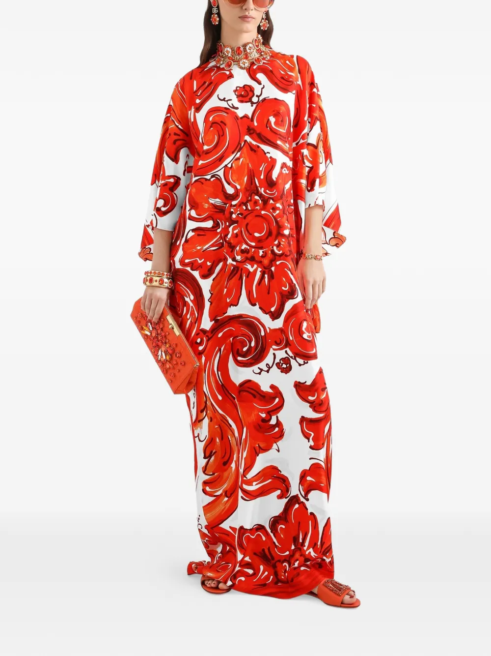 Dolce & Gabbana Lange twill tuniekjurk met Majolica-print Oranje