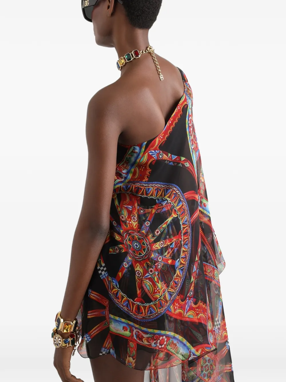 Dolce & Gabbana Asymmetrische chiffon jurk met Carretto-print Zwart