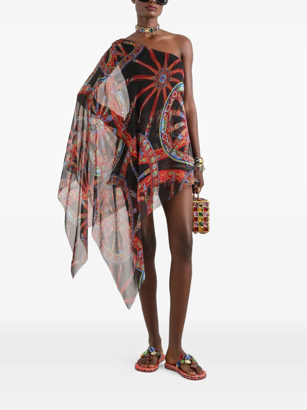Dolce & Gabbana Asymmetrische chiffon jurk met Carretto-print Zwart