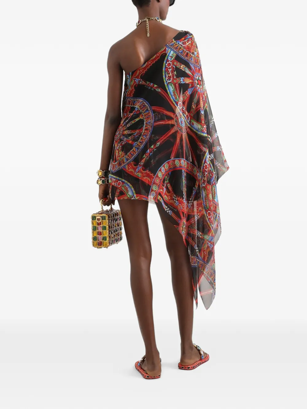 Dolce & Gabbana Asymmetrische chiffon jurk met Carretto-print Zwart