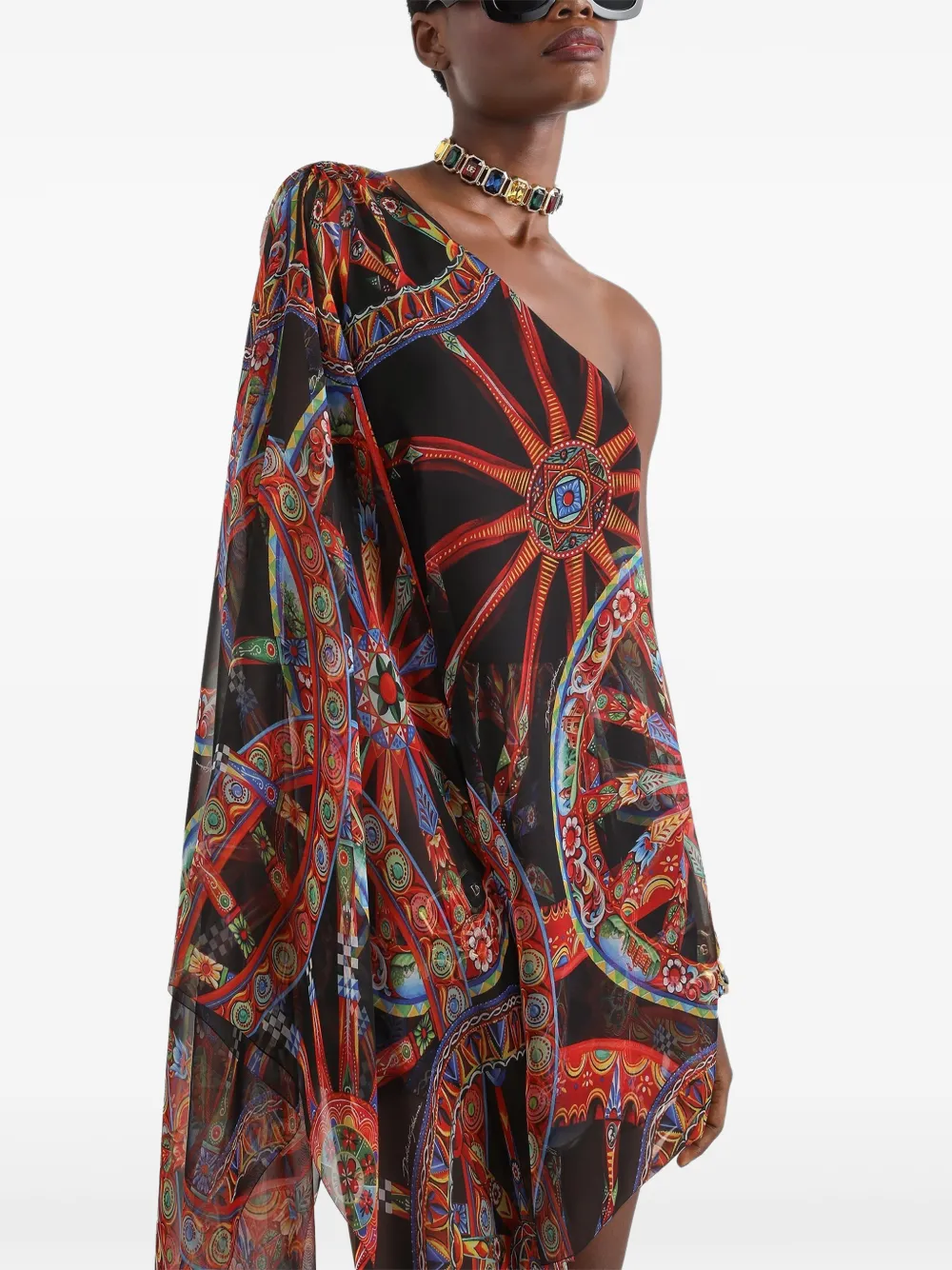 Dolce & Gabbana Asymmetrische chiffon jurk met Carretto-print Zwart