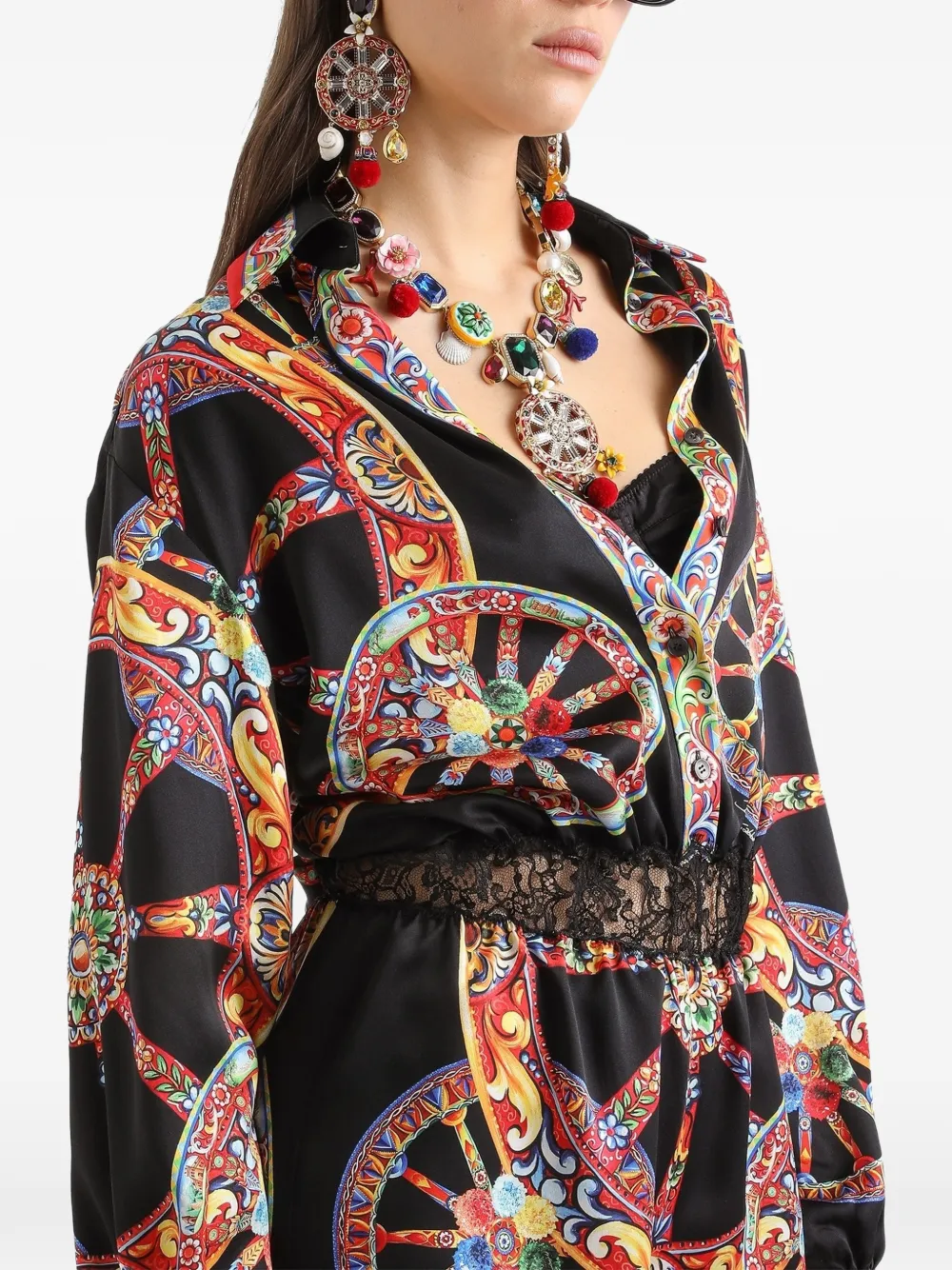 Dolce & Gabbana Lichtgewicht satijnen jumpsuit met Carretto-print Zwart