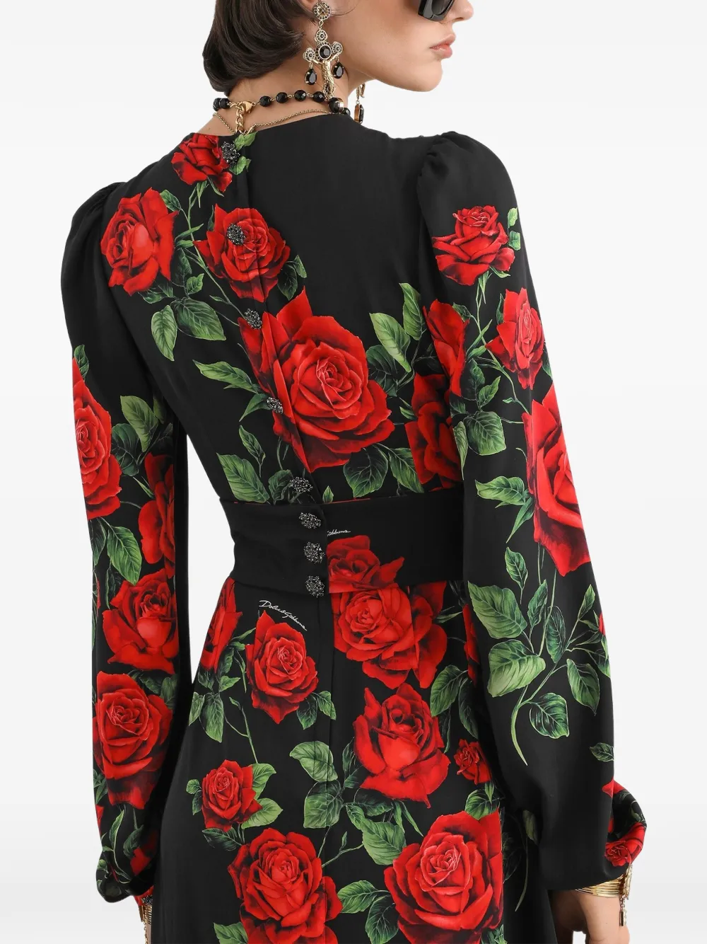 Dolce & Gabbana Charmeuse maxi-jurk met roosprint Zwart