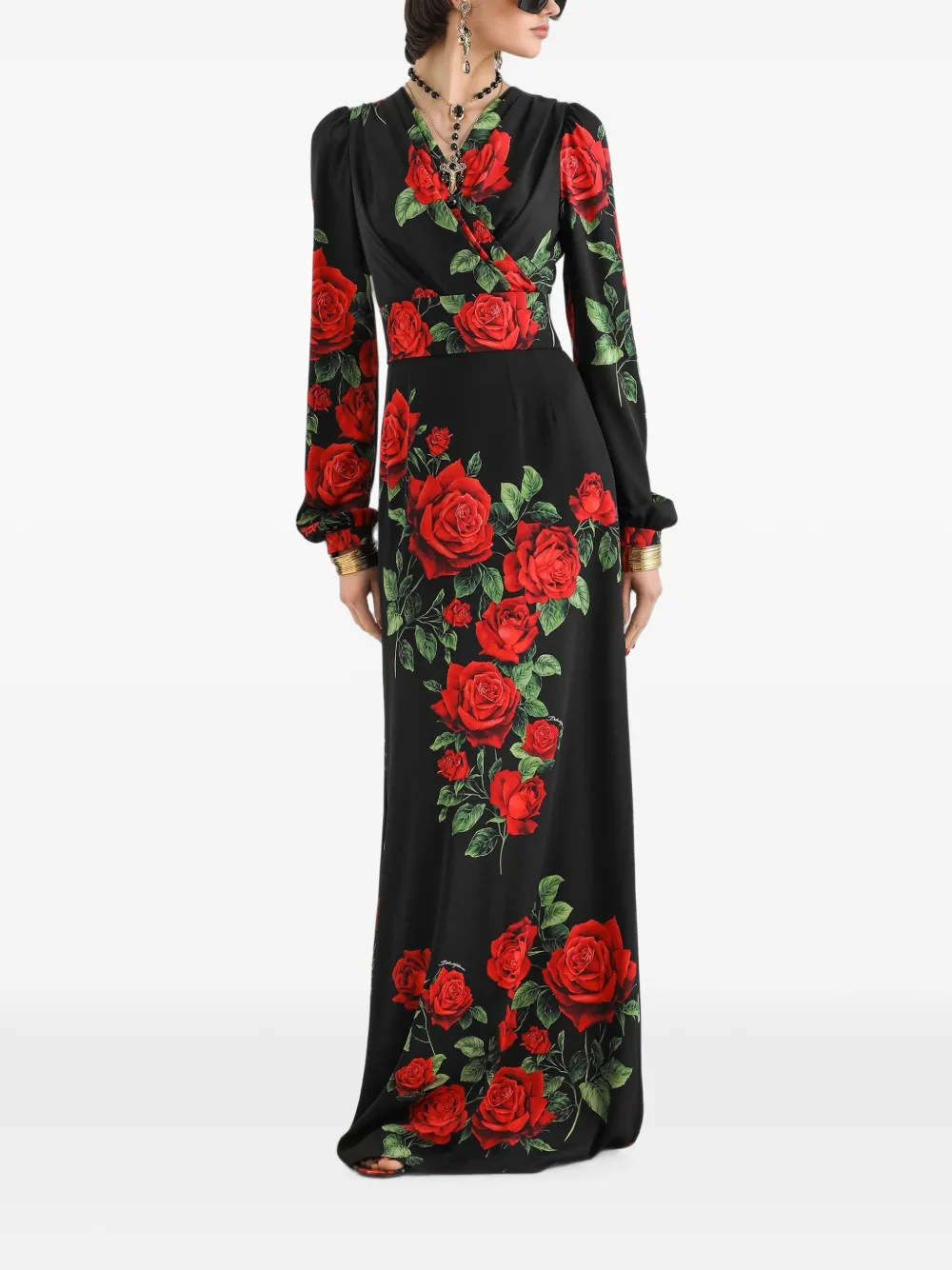Dolce & Gabbana Charmeuse maxi-jurk met roosprint Zwart