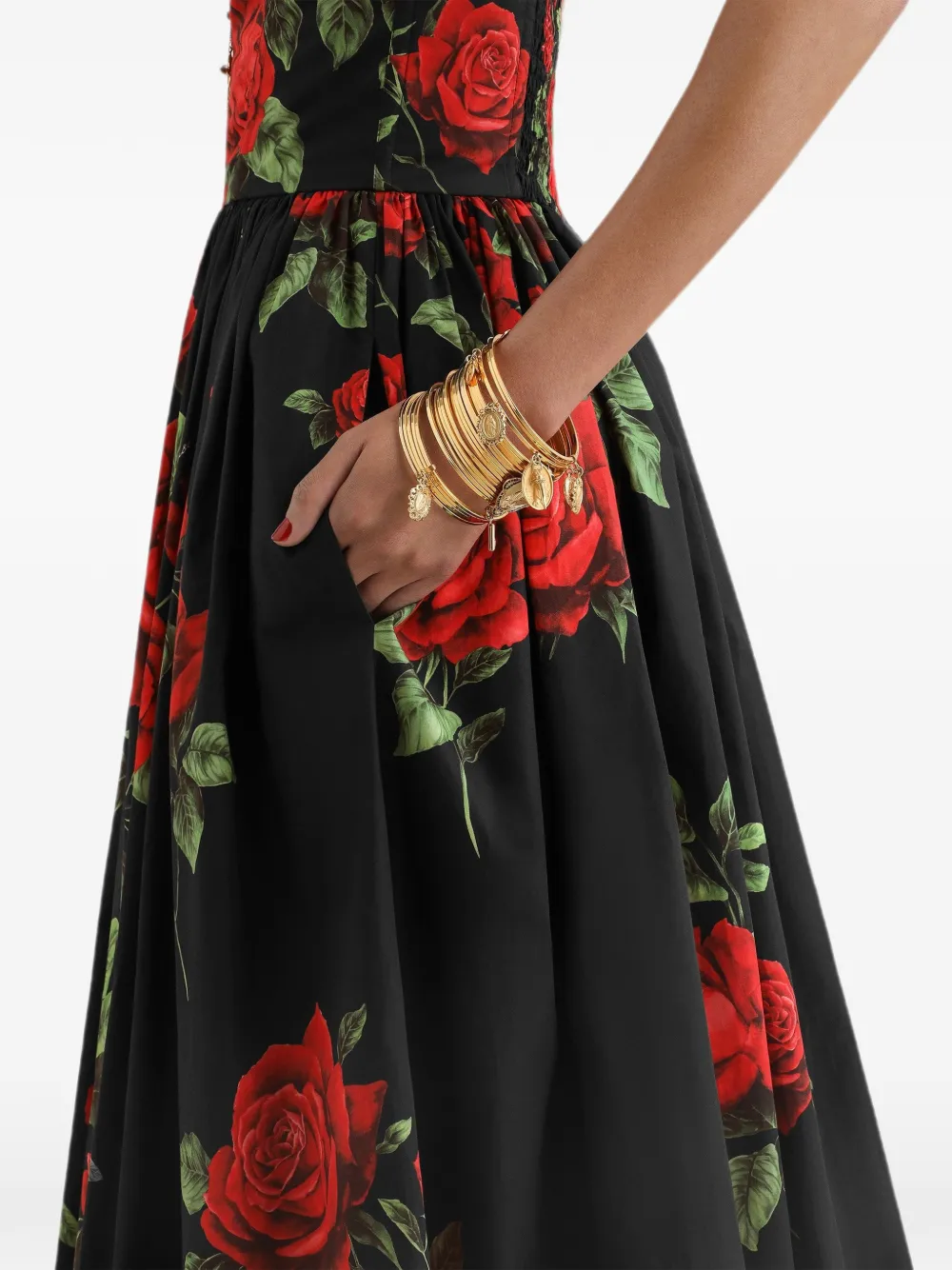 Dolce & Gabbana Popeline midi-jurk met roosprint Zwart
