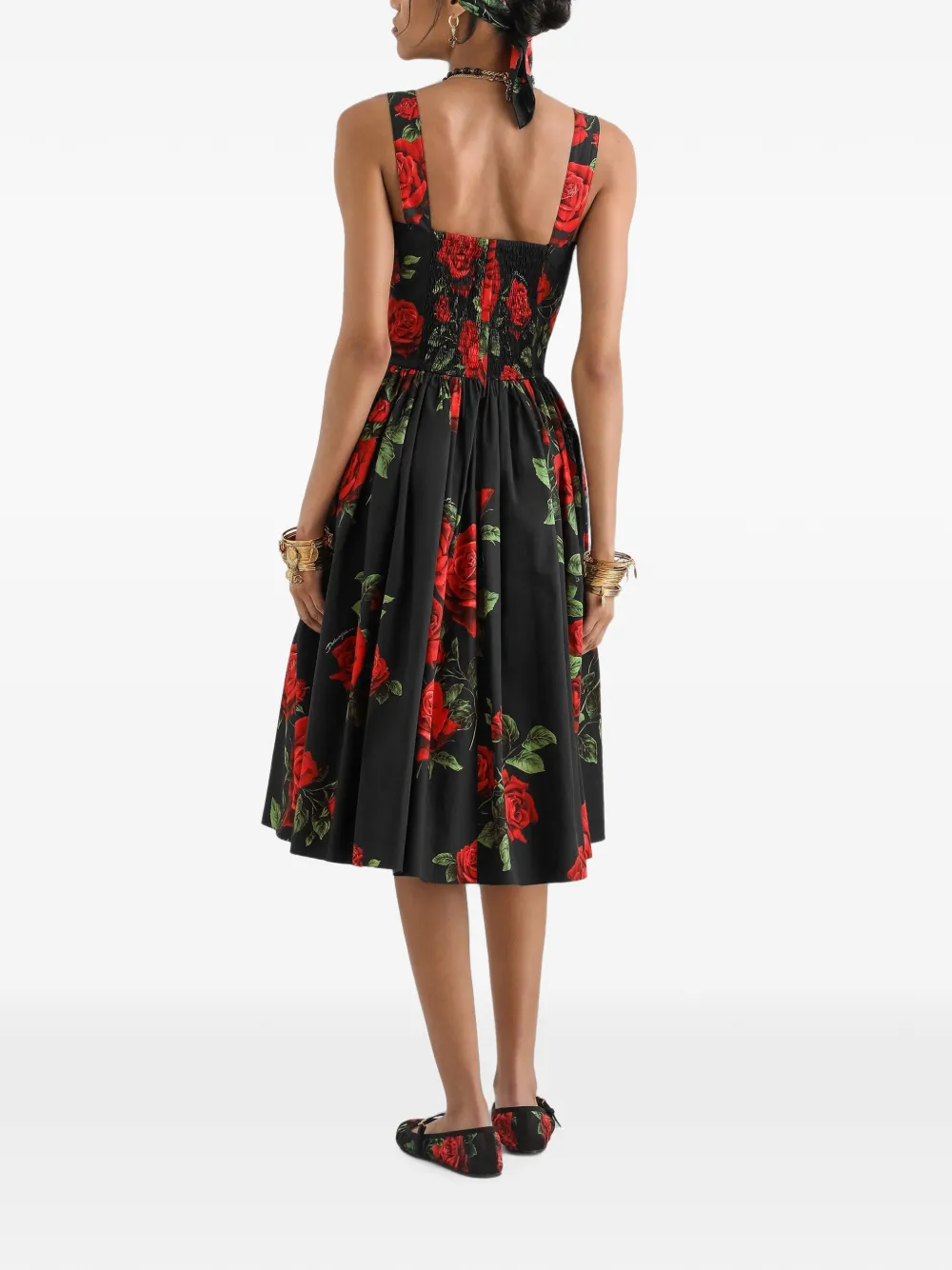 Dolce & Gabbana Popeline midi-jurk met roosprint Zwart