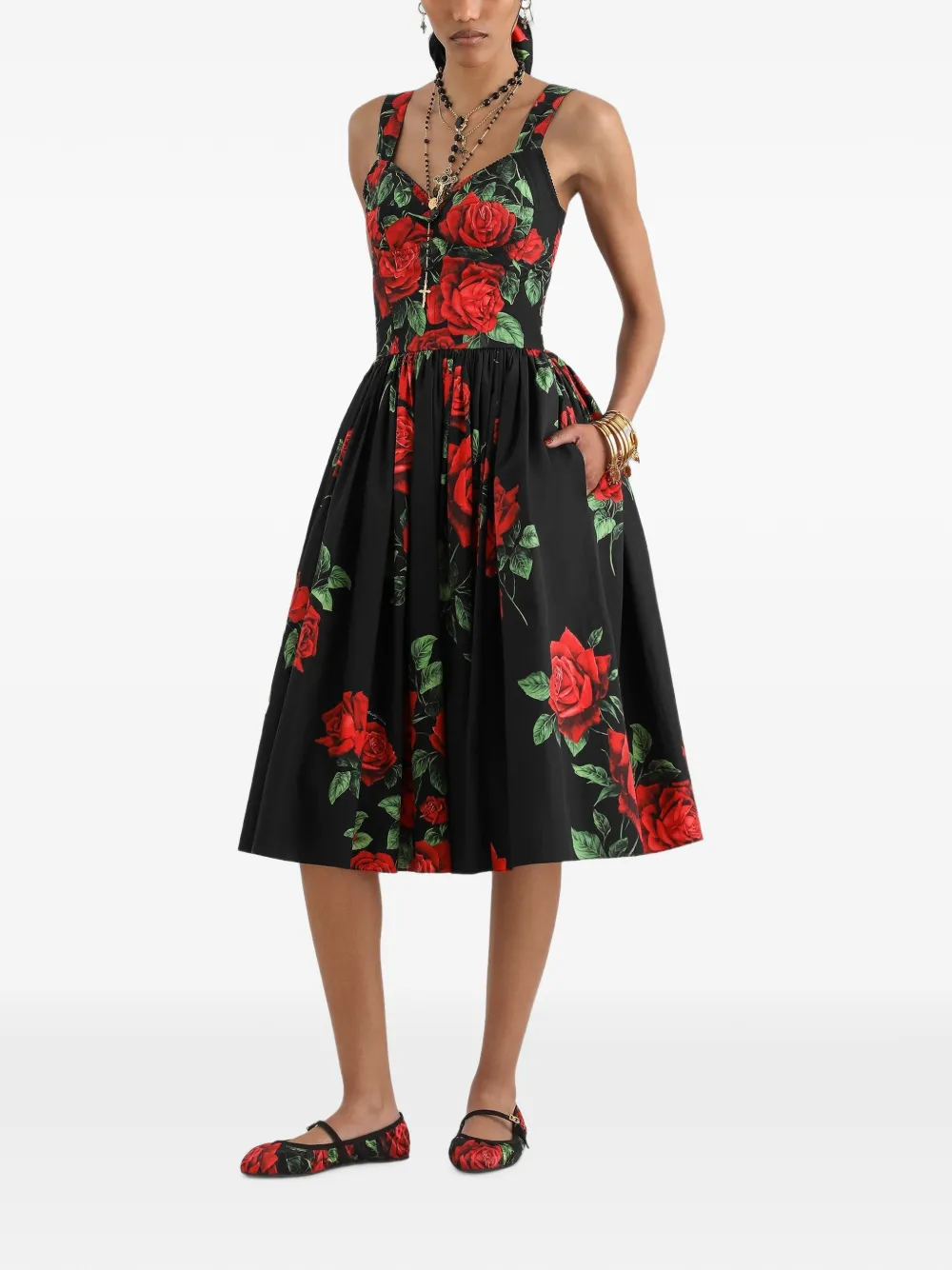 Dolce & Gabbana Popeline midi-jurk met roosprint Zwart