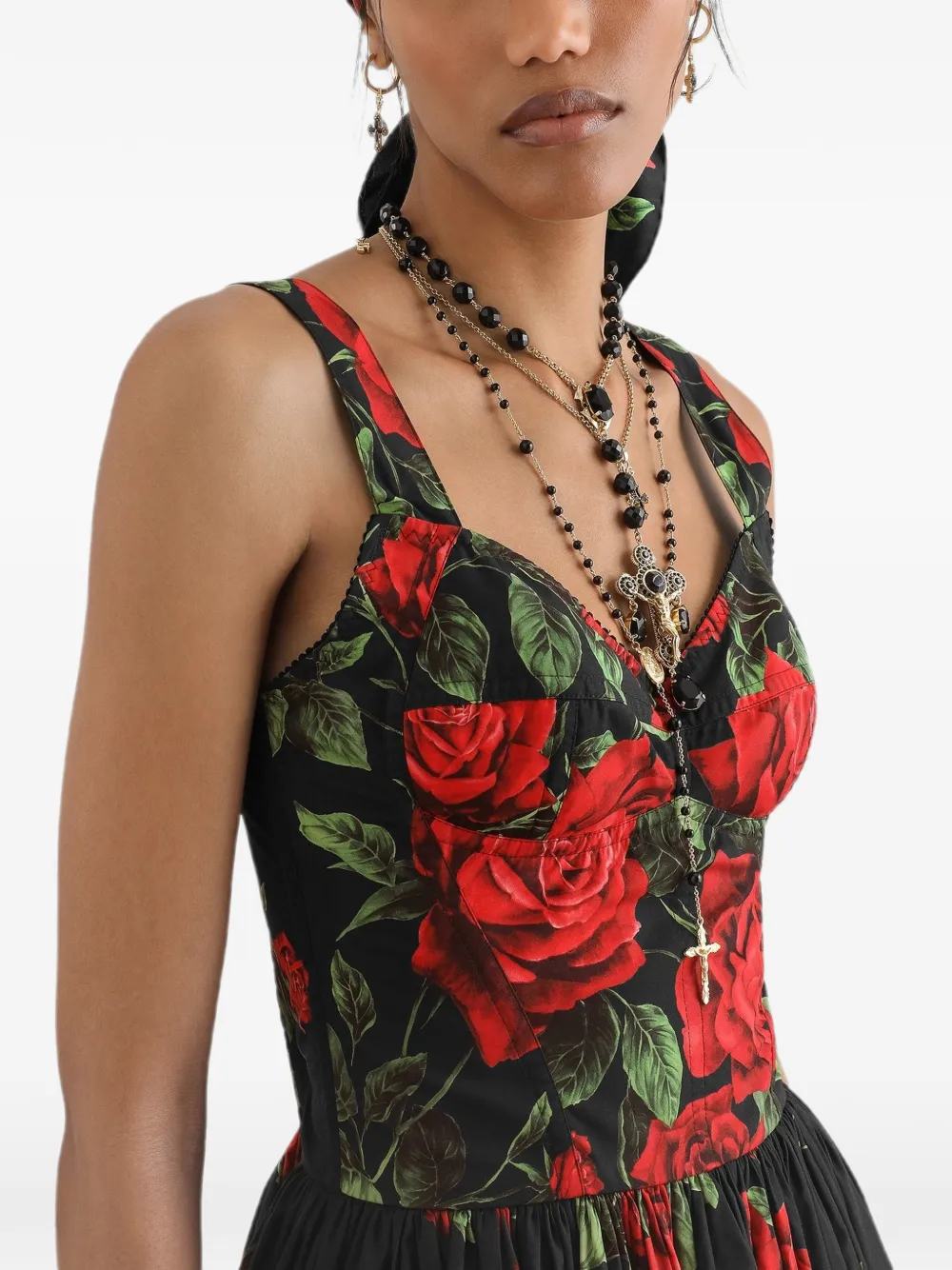 Dolce & Gabbana Popeline midi-jurk met roosprint Zwart