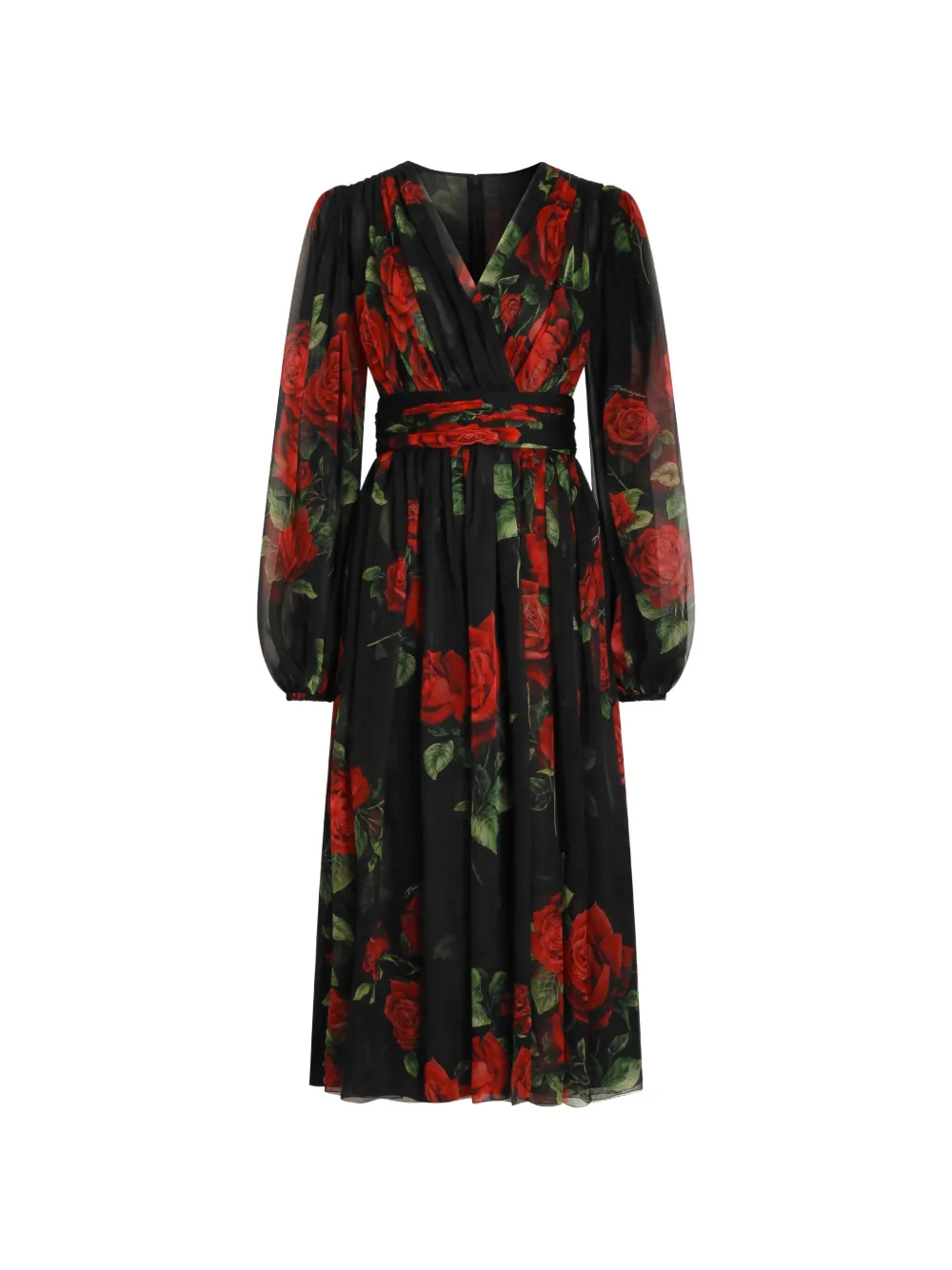 Dolce & Gabbana Chiffon-Midikleid mit Rosen-Print - Schwarz