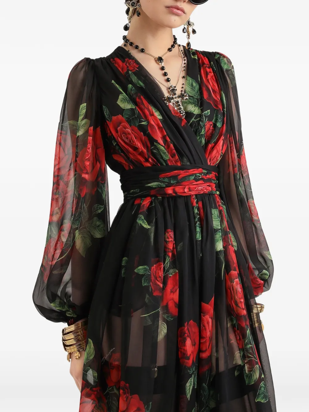 Dolce & Gabbana Midi-jurk met roosprint Zwart