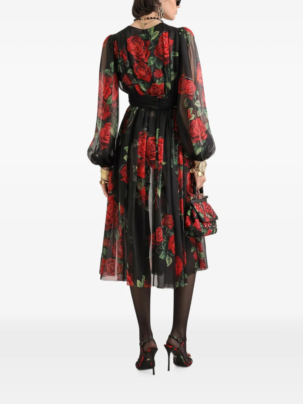 Dolce & Gabbana Midi-jurk met roosprint Zwart