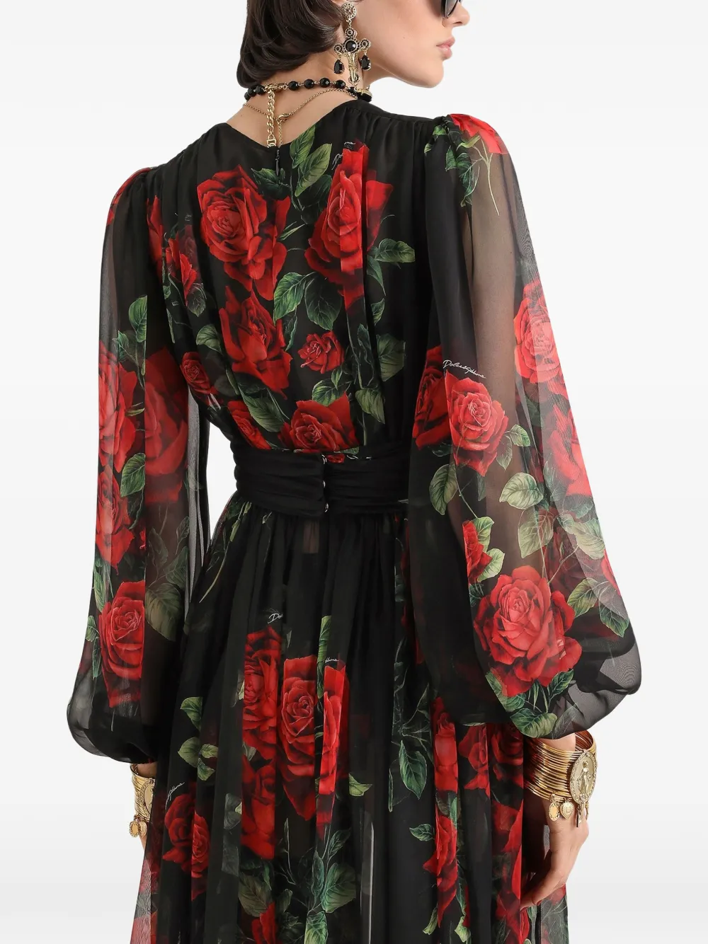 Dolce & Gabbana Midi-jurk met roosprint Zwart