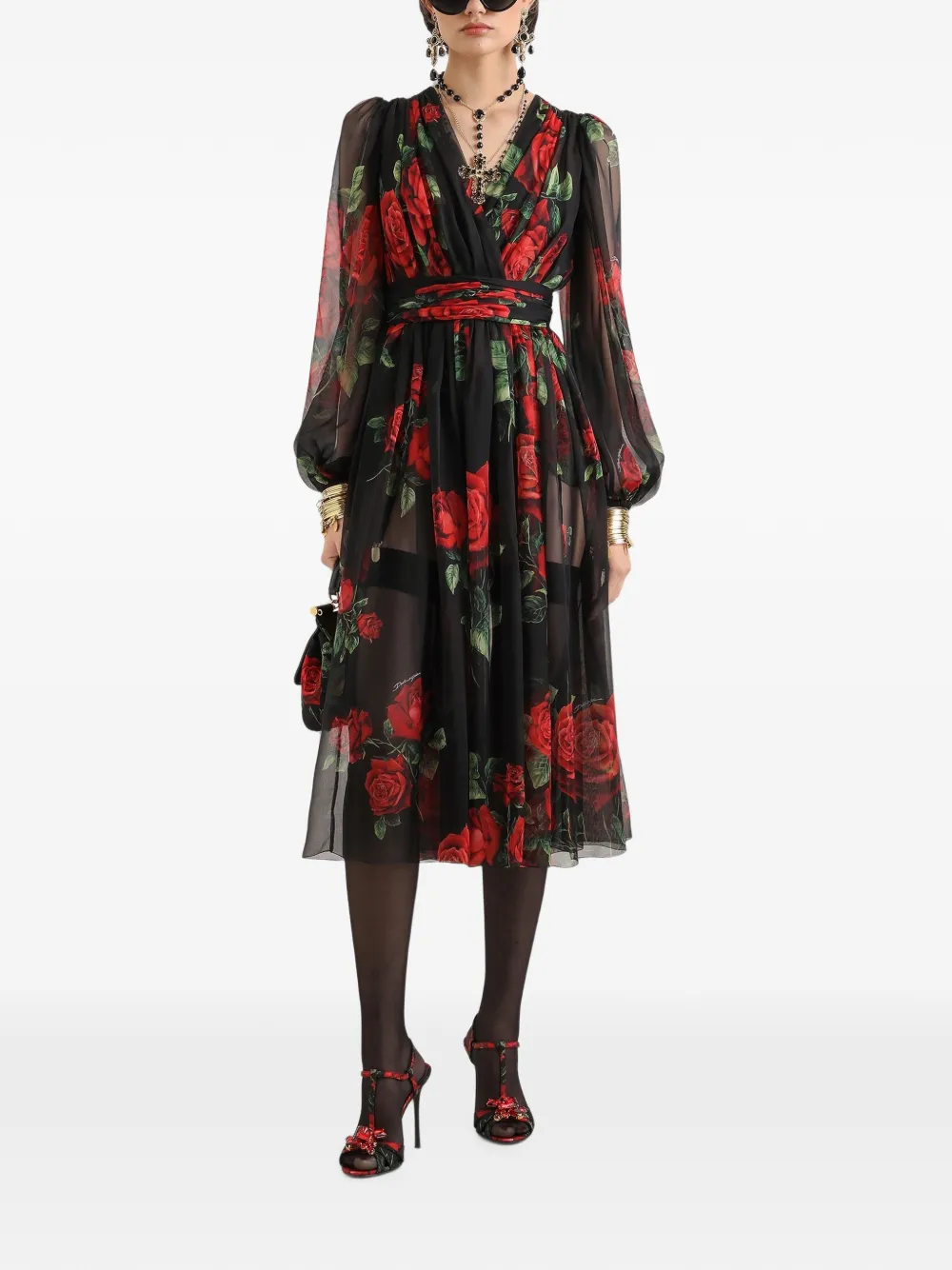 Dolce & Gabbana Midi-jurk met roosprint Zwart
