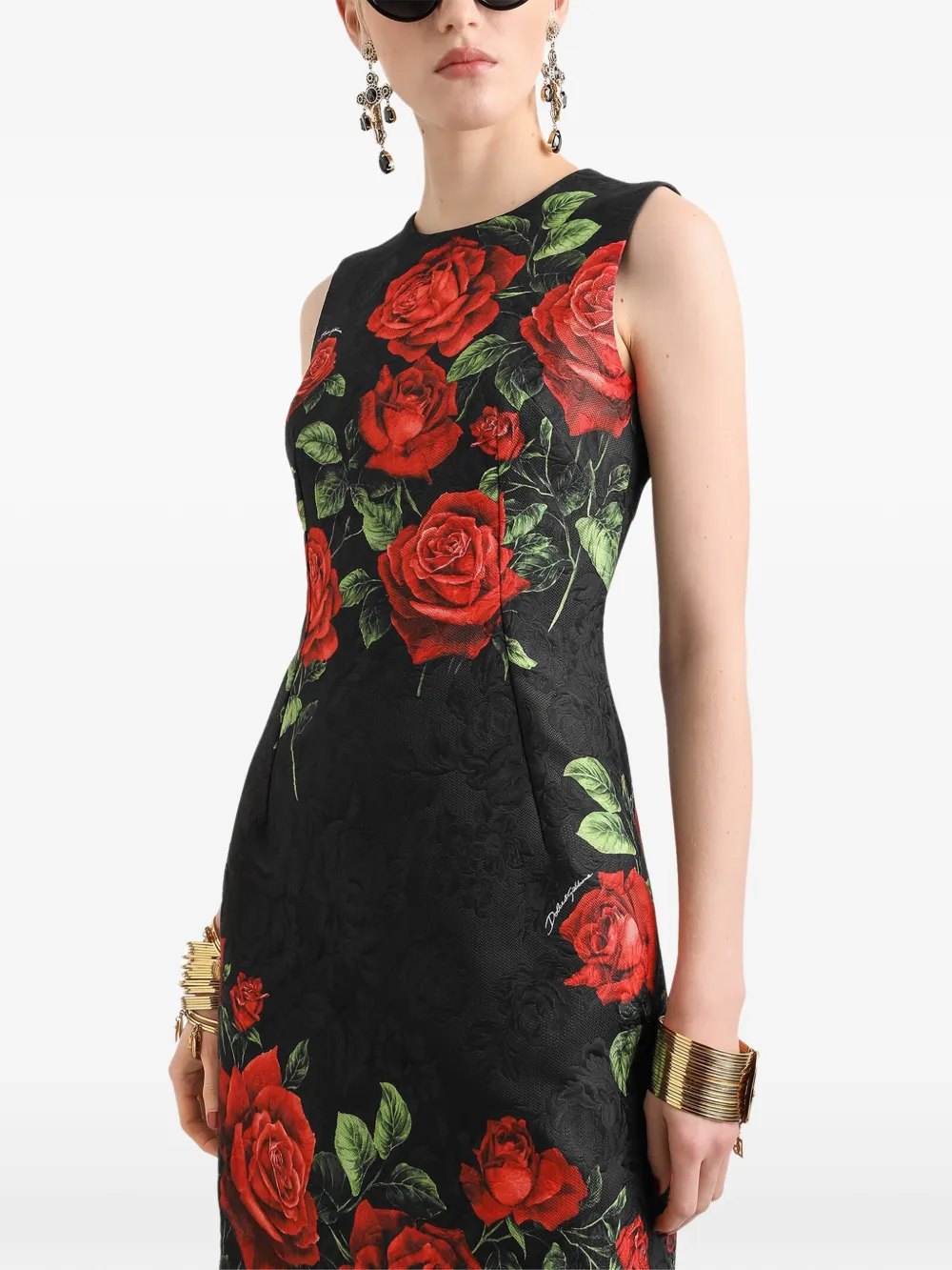 Dolce & Gabbana Brokaat mini-jurk met roosprint Zwart