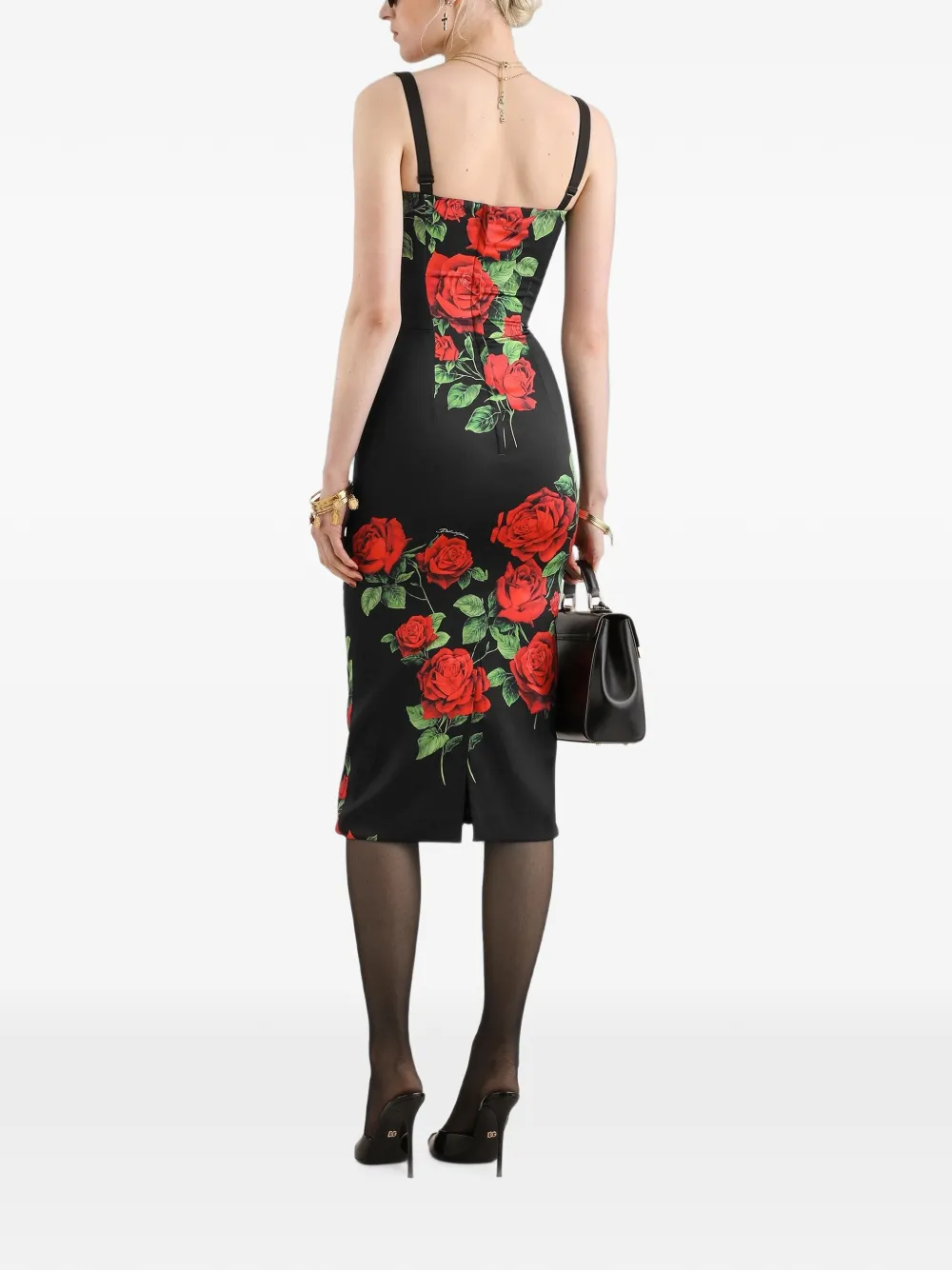 Dolce & Gabbana Satijnen midi-jurk met roosprint Zwart